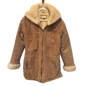 Womens Washable 100% Suede Leather Fur Lined Zip Hooded Jacket Medium Coat Beige